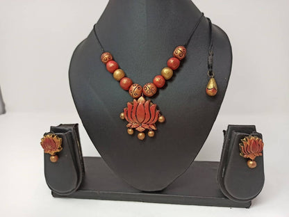 Terracotta Lotus Pendant Necklace Set With Studs-Golden Pink