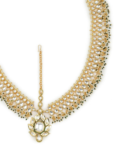 Gold-Polished Green White Kundan-Studded Beaded Matha Patti - Ruby Raang