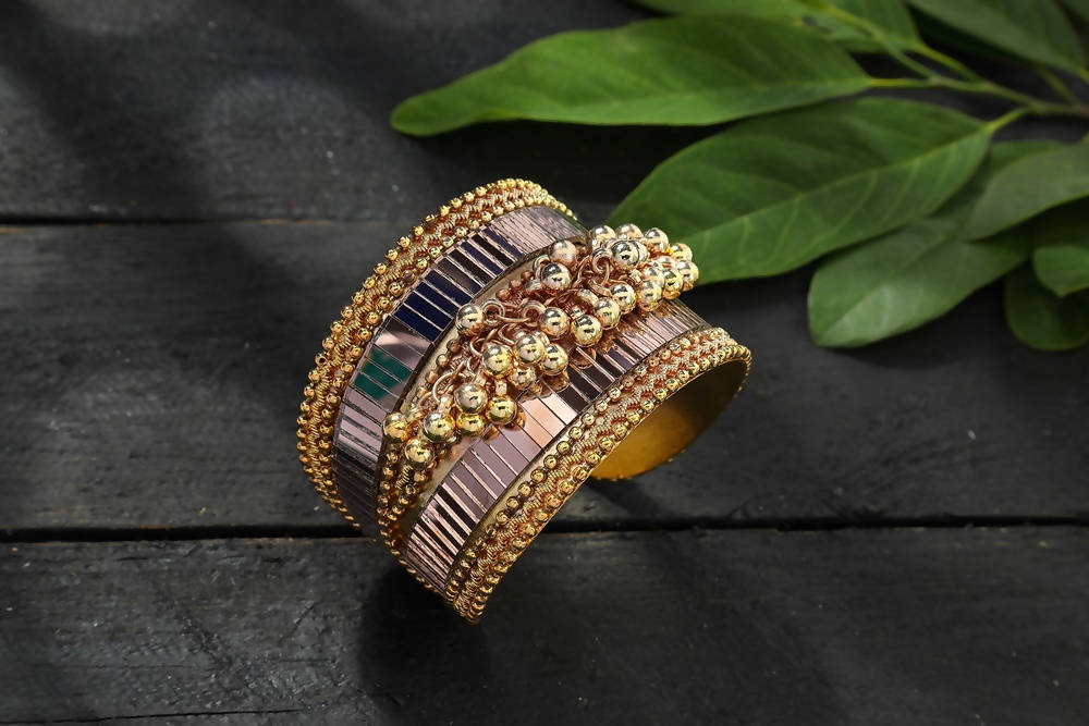 Mominos Fashion Kamal Johar Oxidised Gold-Polished Ghungroo Handcraft Cuff Bracelet