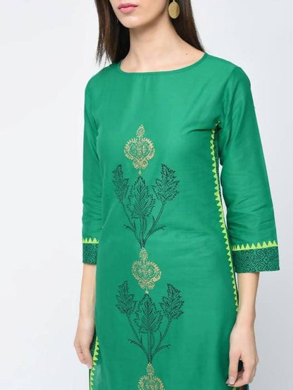 Aniyah Cotton Block Printed Turquoise Color Straight Kurta (AN-130K)