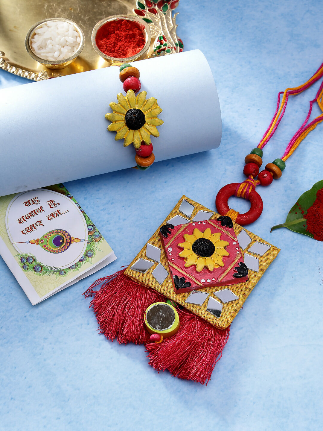 NVR Women & Men Set of 2 Red & Yellow Mirror Work Handcrafted Bhaiya Bhabi Rakhi With Roli Chawal