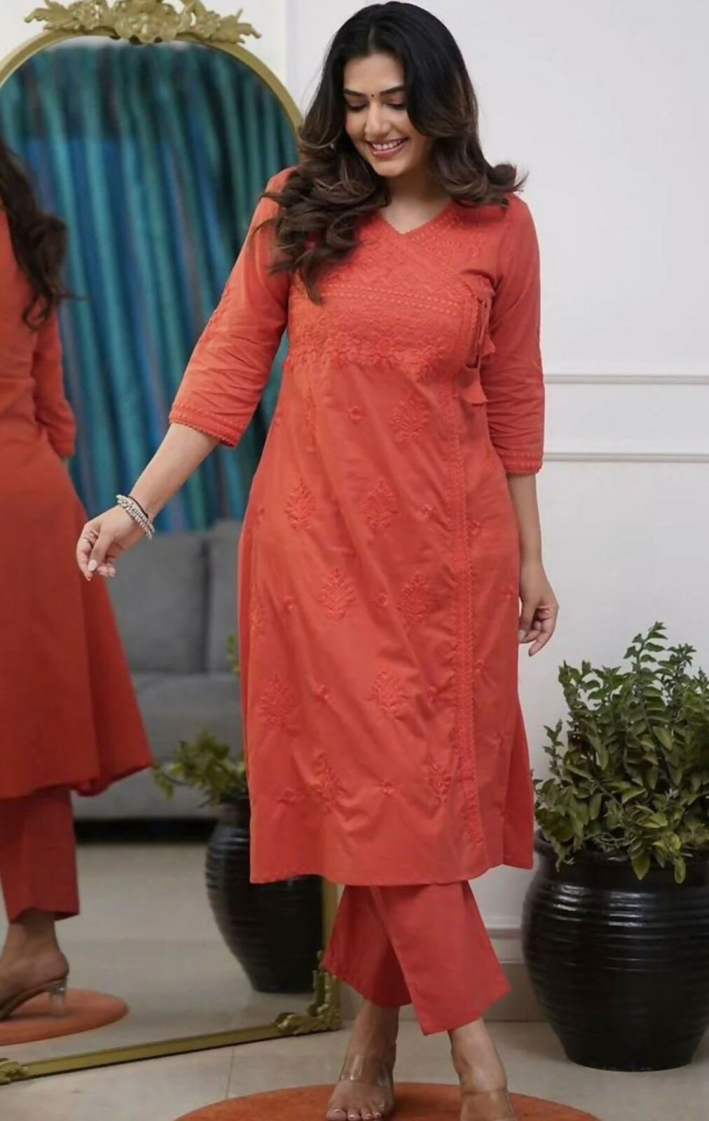 Miravan Womens Rust Floral Printed Angrakha Style Kurta With Palazzo