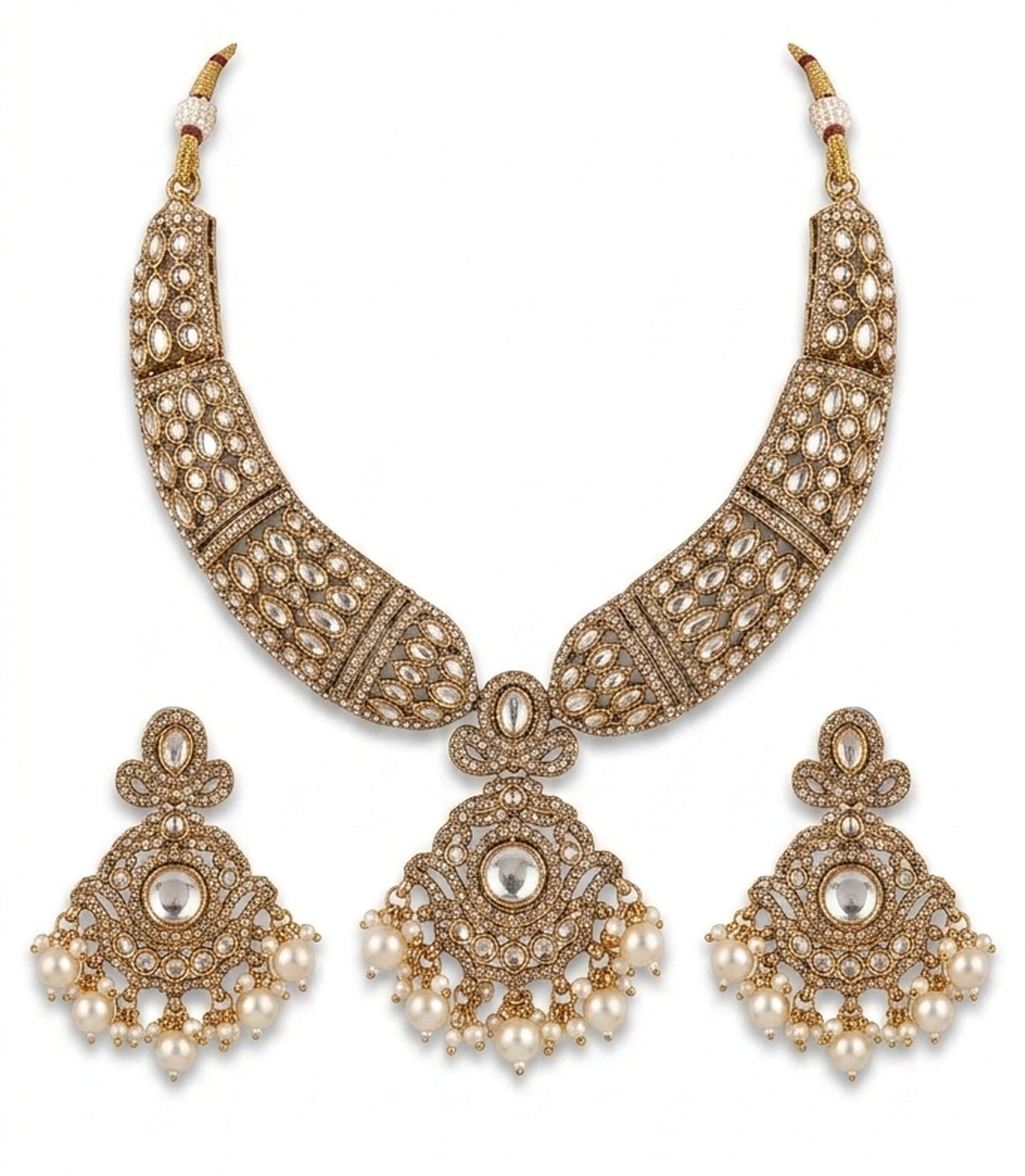 Jewel City Gold Kundan Necklace Set With Pearl Drop Earrings For Bridal Weddings