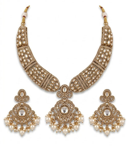 Jewel City Gold Kundan Necklace Set With Pearl Drop Earrings For Bridal Weddings