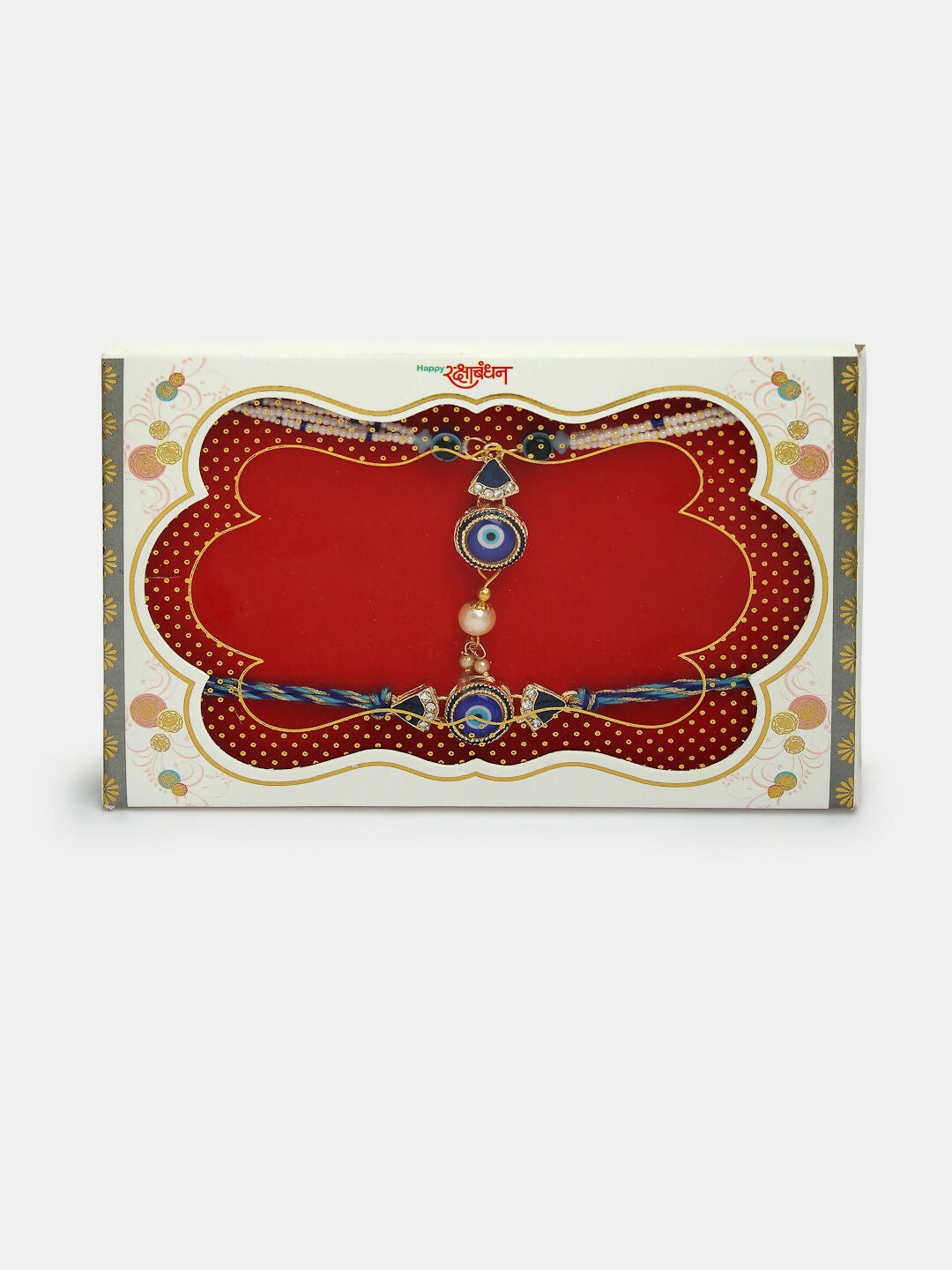 NVR Women & Men Set of 2 Blue Evil Eye Bhaiya Bhabhi Rakhi With Roli Chawal