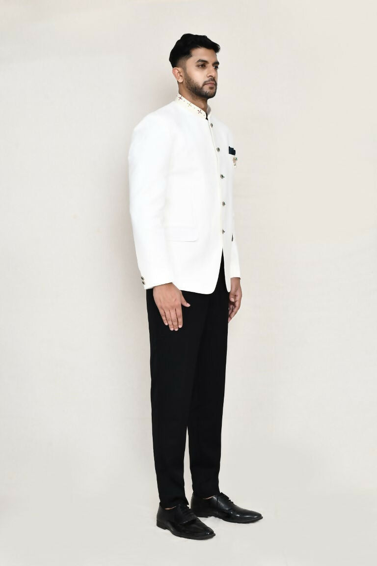 Joban Fashion White Colored Cotton Linen With Neck Embroidery Work Fabric Prince Coat, Pocket Square With Pant