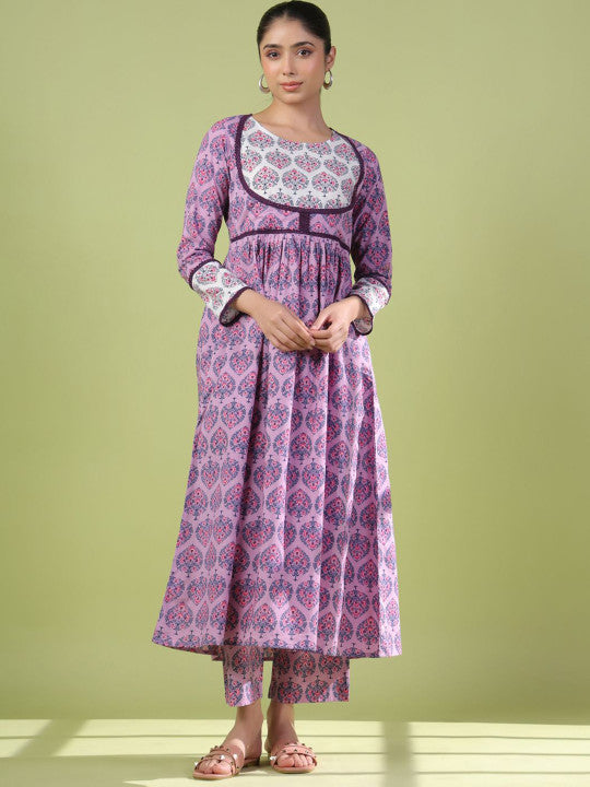 Anayna Women Floral Printed Angrakha Pure Cotton Kurta with Trousers