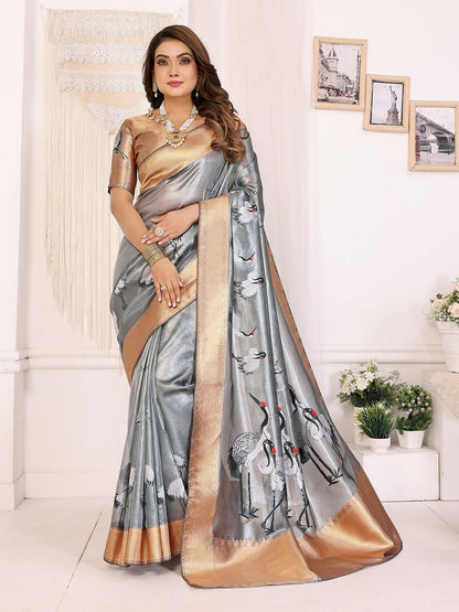 Joban Fashion Golden Cranes Patterns Banarasi Silk Sarees