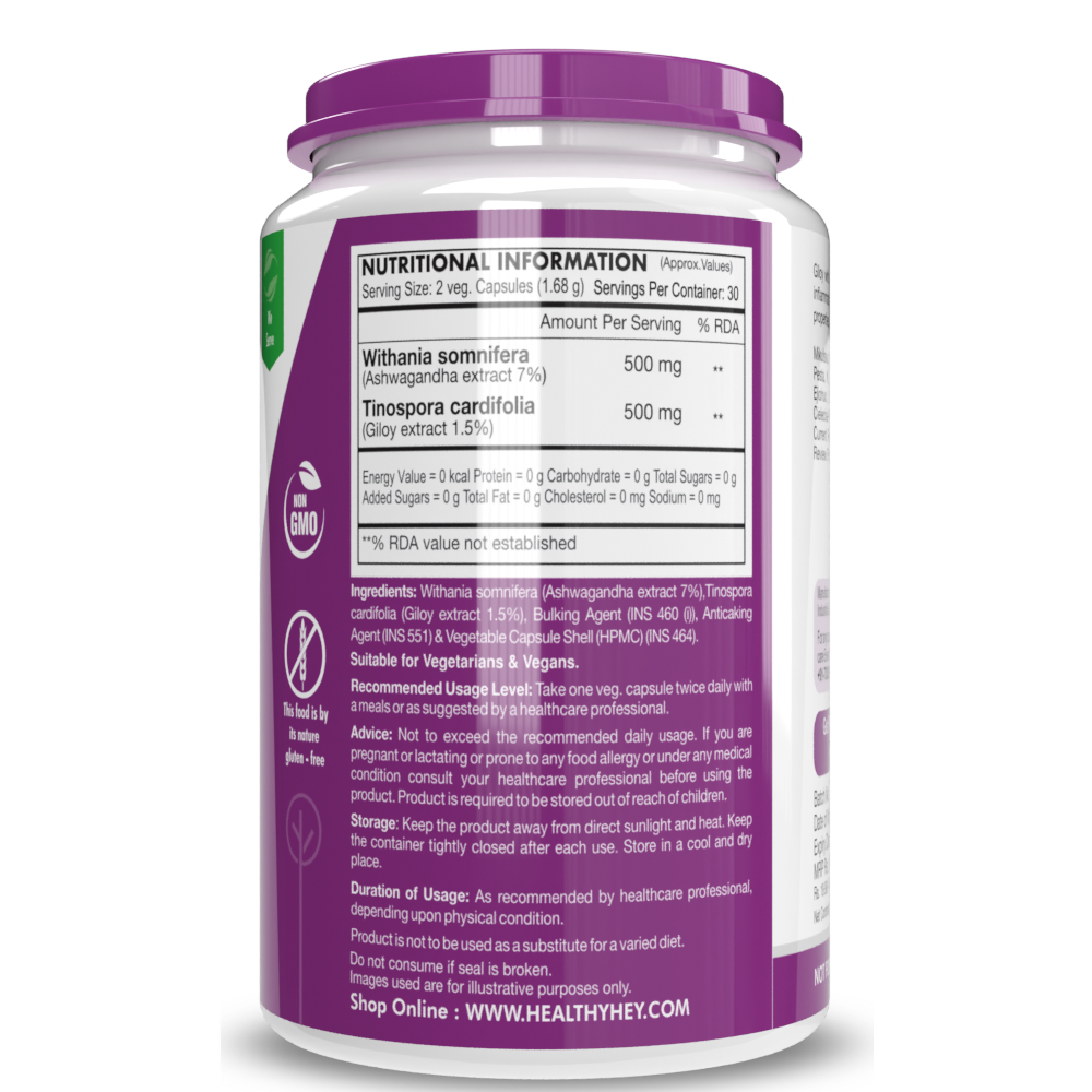 HealthyHey Giloy Extract plus Ashwagandha Extract - Support Immunity - 60 veg. capsules