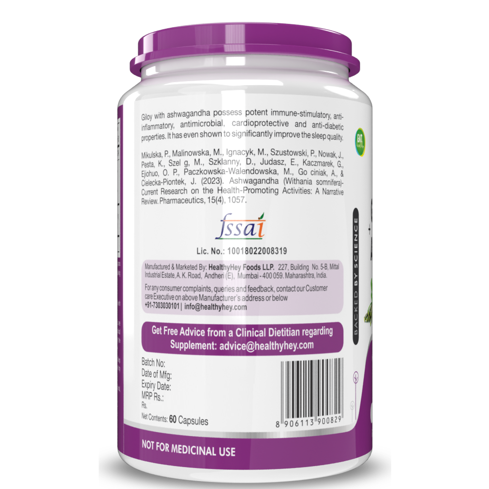 HealthyHey Giloy Extract plus Ashwagandha Extract - Support Immunity - 60 veg. capsules