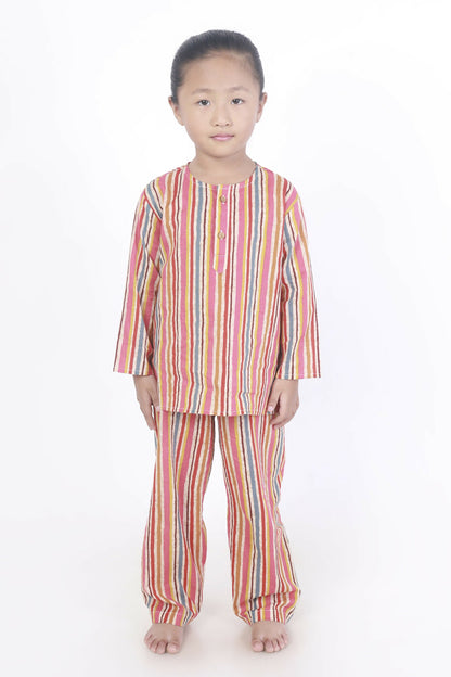 Breathables Kids Cotton Stripes Print Kurta Pyjama Night Suit - Multicolor