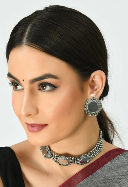 Mominos Fashion Johar Kamal Oxidised Silver-Plated Mirror Design Necklace Choker Set For Women