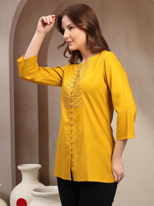 Sangria Women Embroidered Mandarin Collar Cotton Top
