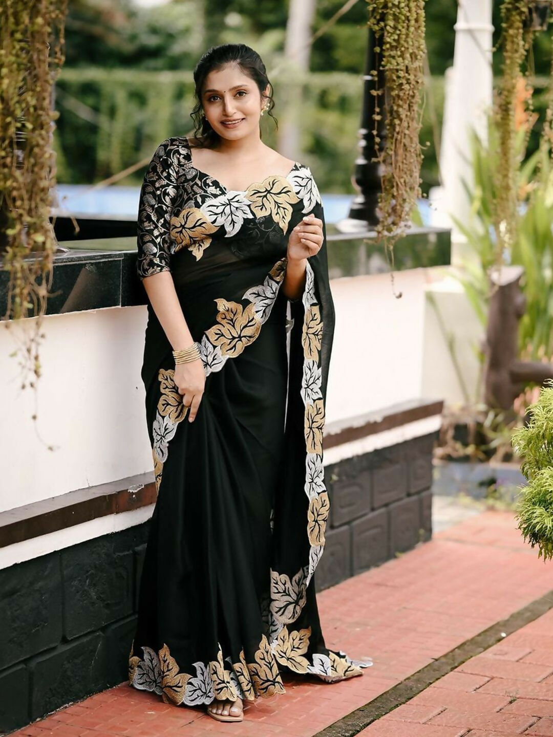 Vastranavya Satin Chiffon Silk Beautiful Designer Zari Thread Embroidery work of Leaf Design with Cutwork Border Saree with Blouse Material - Black