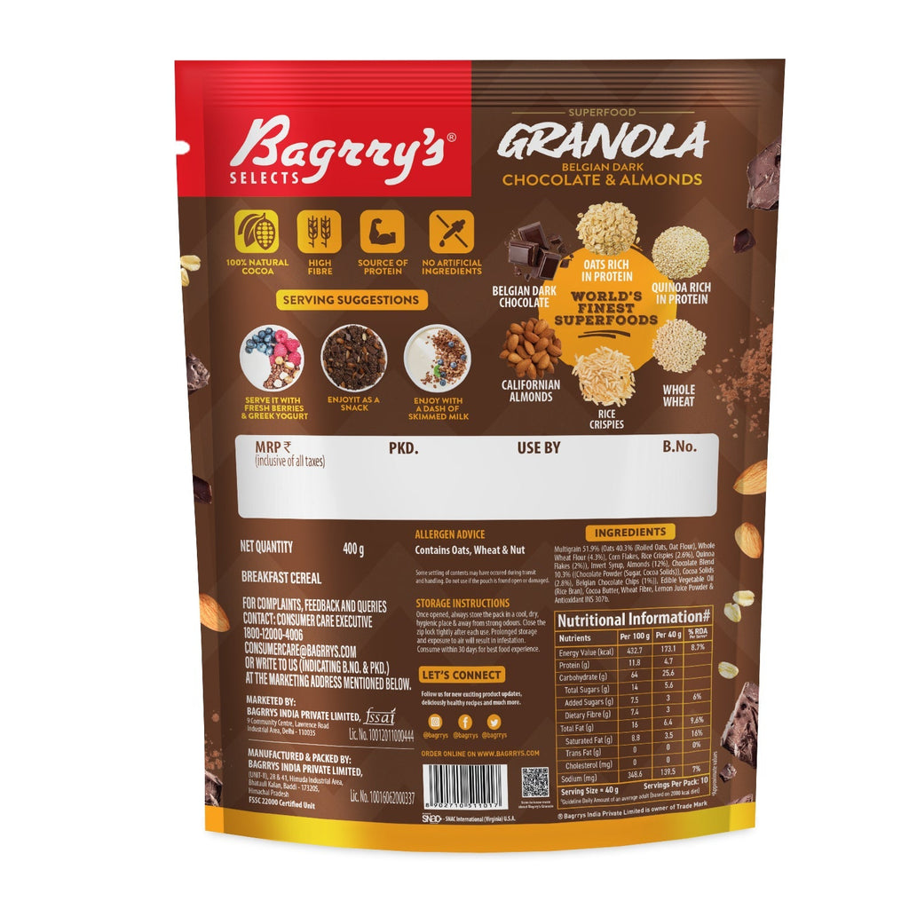 Bagrry’s Superfood Granola Belgian Dark Chocolate & Almonds - 400 gms