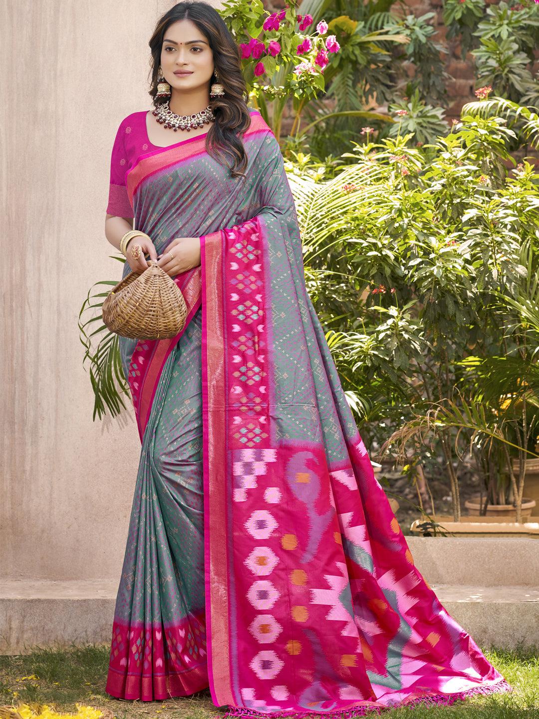 Anaita Grey Pochampally Silk Saree With Floral Printed Work With Blouse