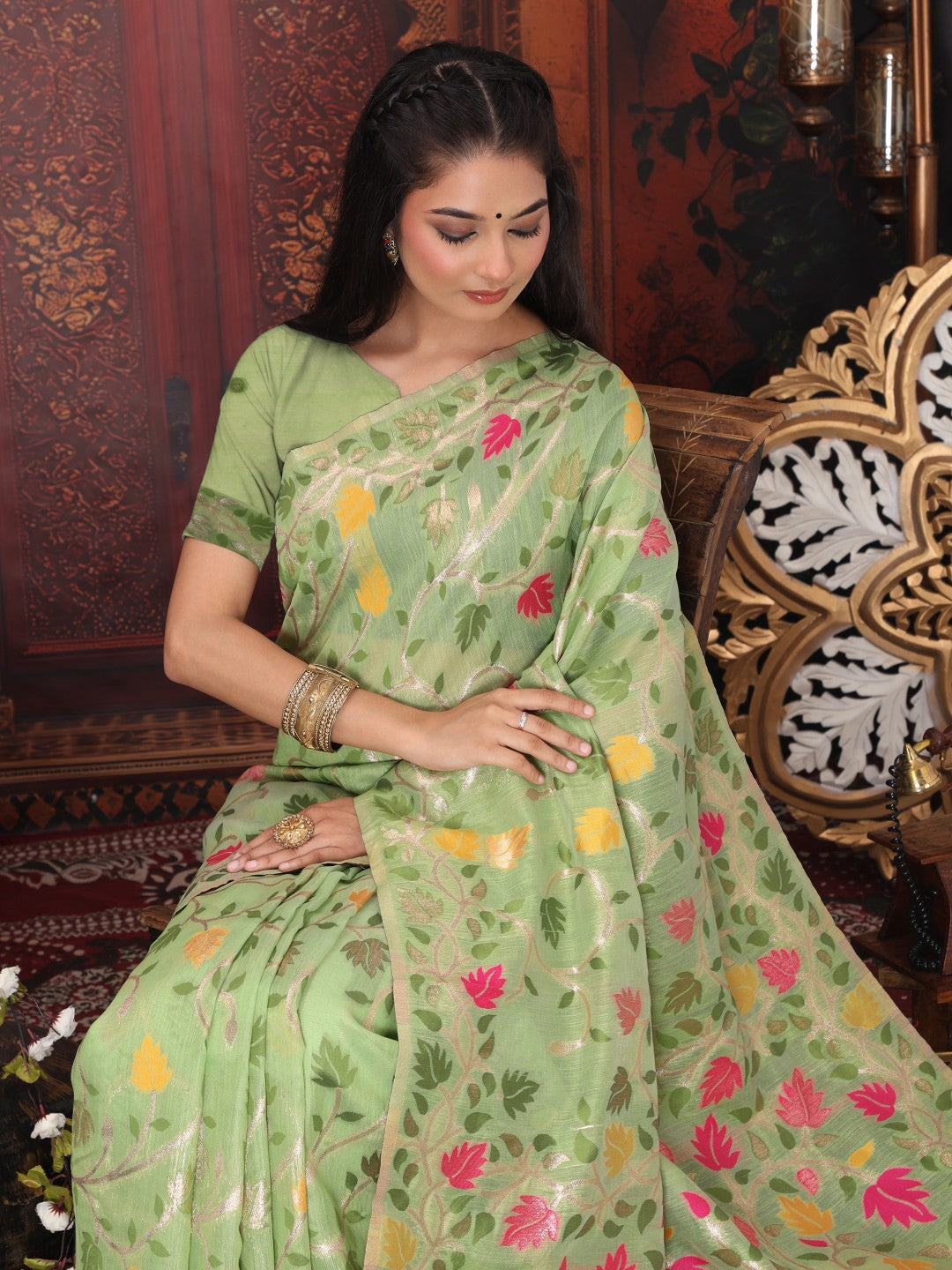 Anaita Green Linen Printed Saree With Blouse