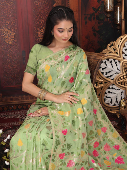 Anaita Green Linen Printed Saree With Blouse
