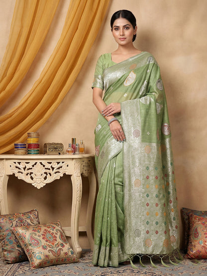 Anaita Green Linen Woven Work Saree With Blouse