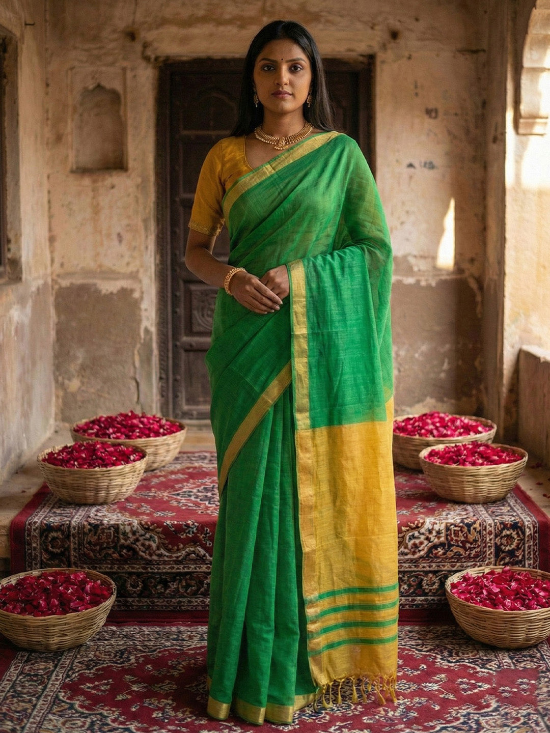 Anaita Green Cotton Printed Saree With Blouse