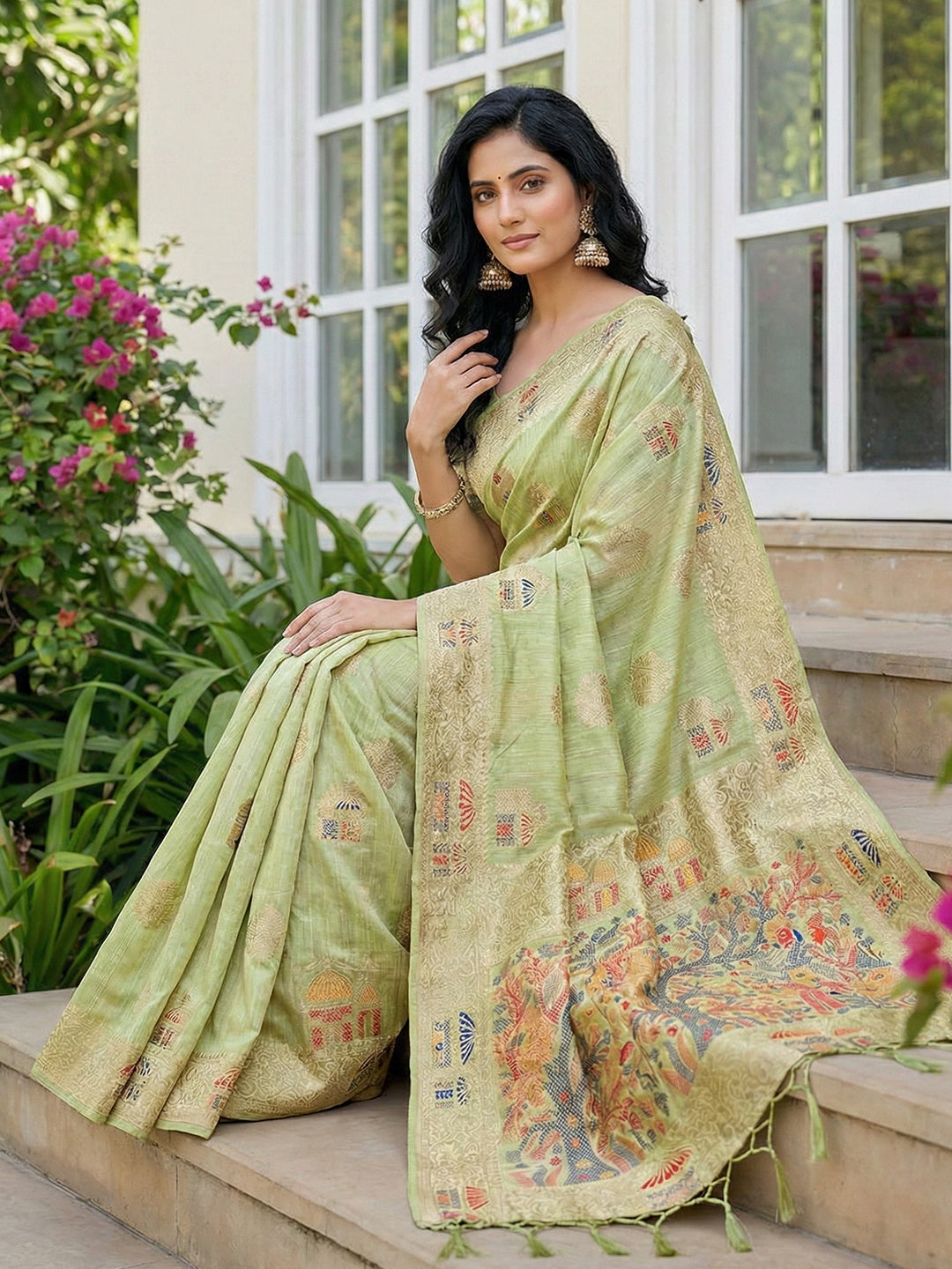 Anaita Green Linen Woven Work Saree With Blouse