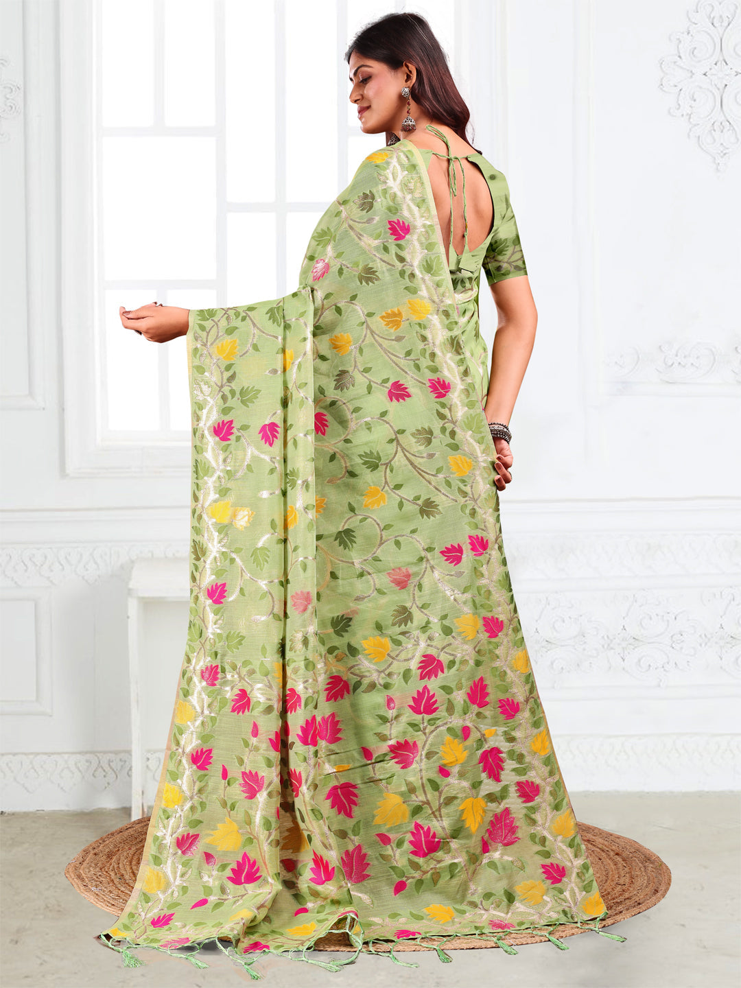 Anaita Green Linen Printed Saree With Blouse