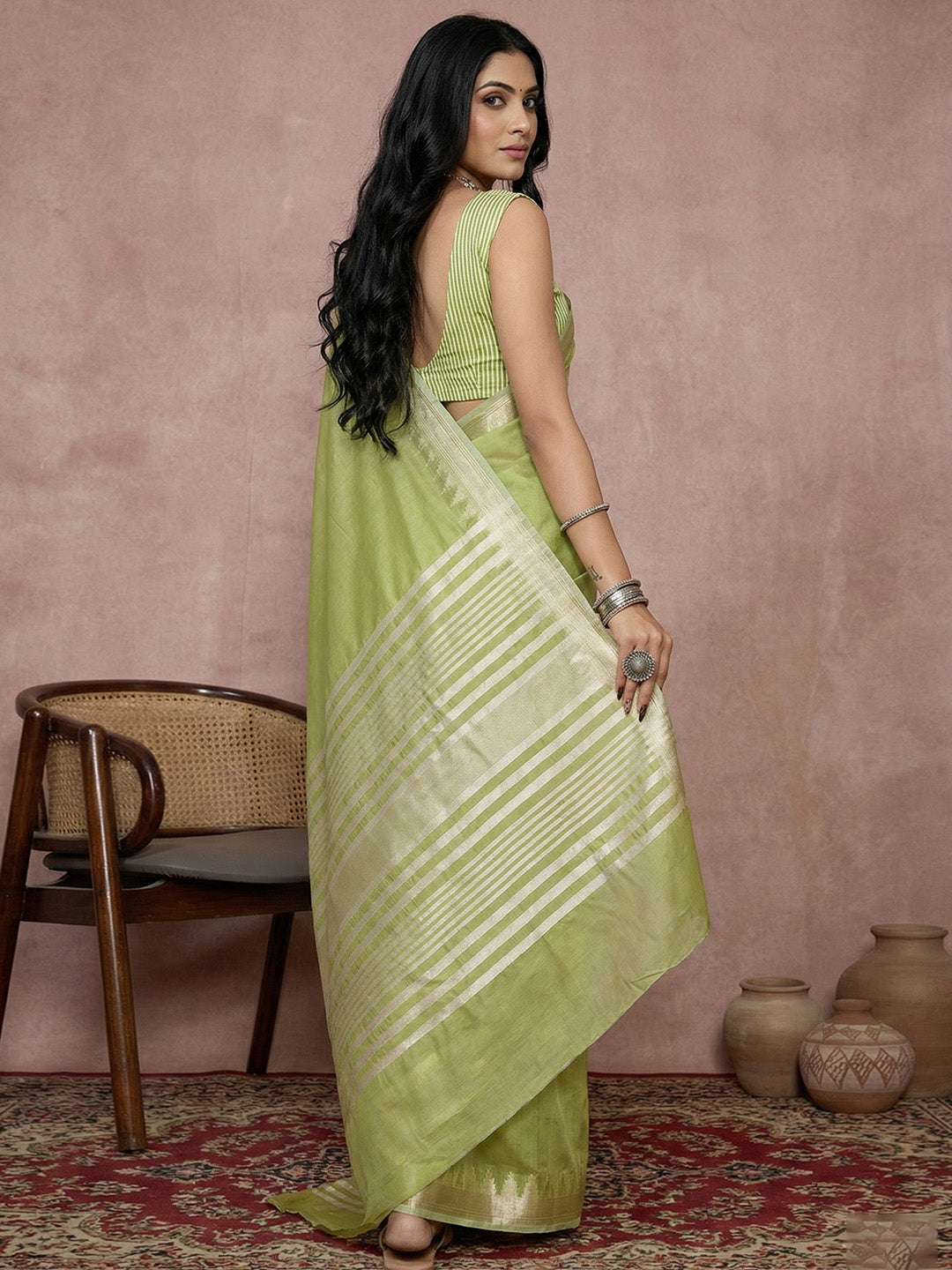 Anaita Green Cotton Saree With Blouse