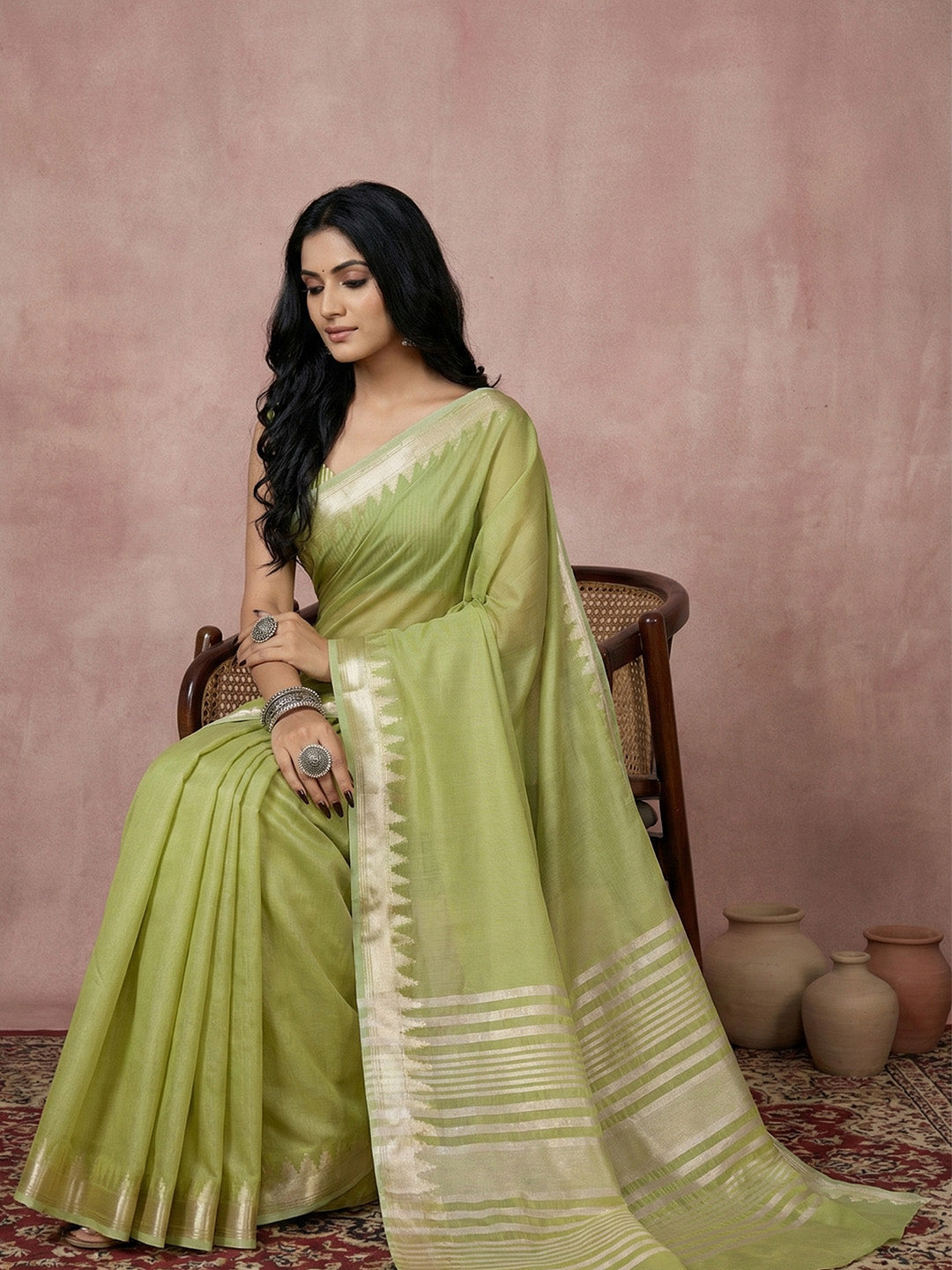 Anaita Green Cotton Saree With Blouse