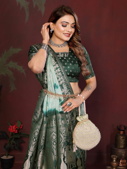 Anaita Green Zari Weaving Work Satin Silk Saree With Blouse