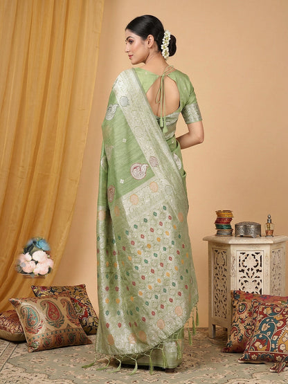 Anaita Green Linen Woven Work Saree With Blouse