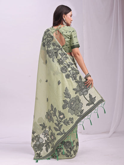 Anaita Green Linen Printed Saree With Blouse