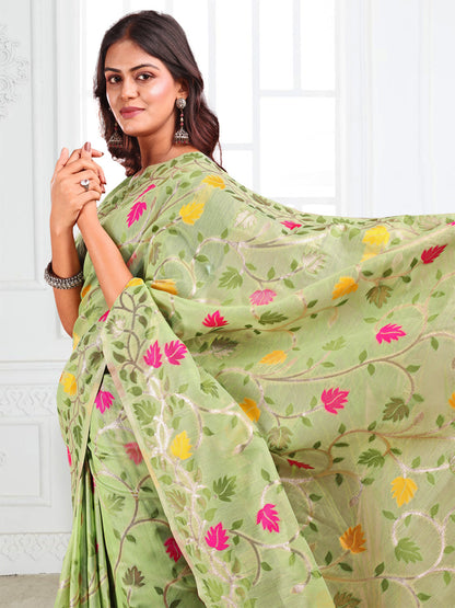Anaita Green Linen Printed Saree With Blouse
