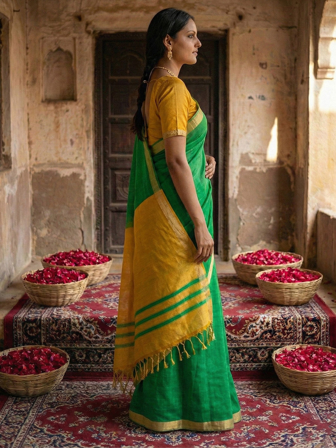 Anaita Green Cotton Printed Saree With Blouse