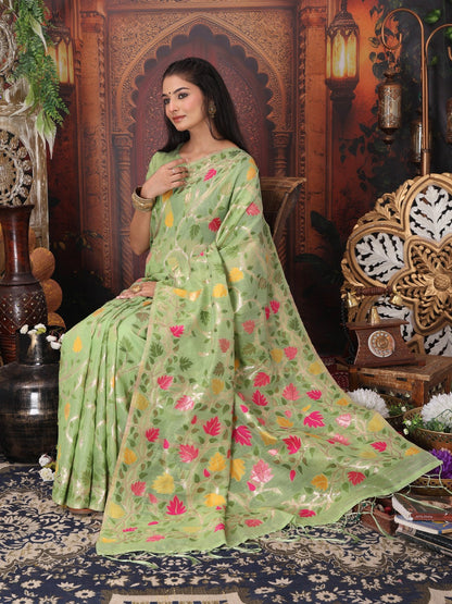 Anaita Green Linen Printed Saree With Blouse