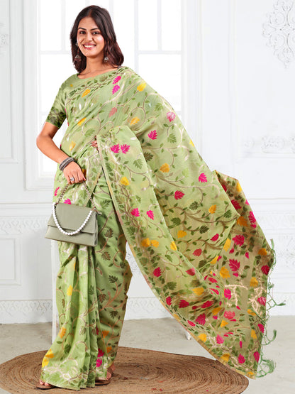 Anaita Green Linen Printed Saree With Blouse