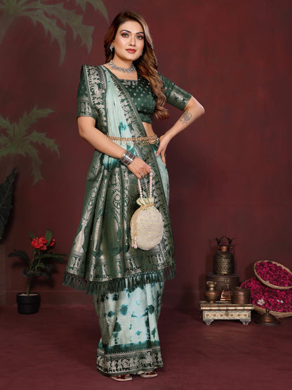 Anaita Green Zari Weaving Work Satin Silk Saree With Blouse