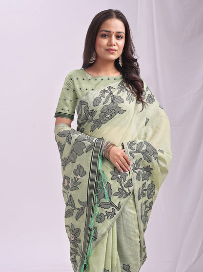 Anaita Green Linen Printed Saree With Blouse