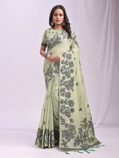 Anaita Green Linen Printed Saree With Blouse