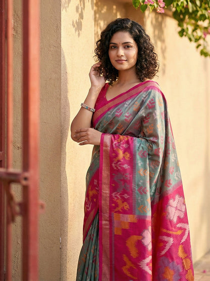 Anaita Grey Pochampally Printed Saree With Blouse