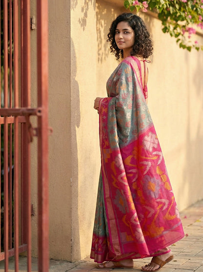 Anaita Grey Pochampally Printed Saree With Blouse