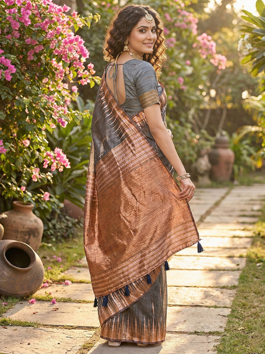 Anaita Grey Linen Woven Work Saree With Blouse