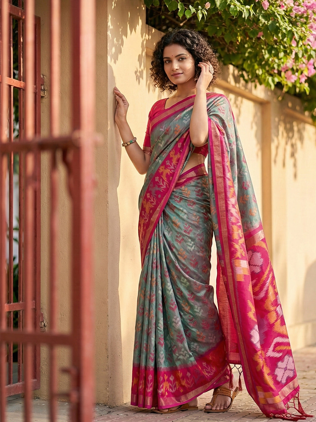 Anaita Grey Pochampally Printed Saree With Blouse