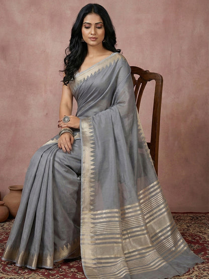 Anaita Grey Cotton Saree With Blouse