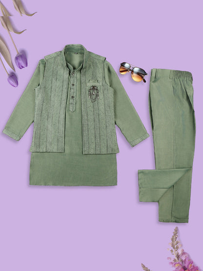 Joban Fashion Kids Island Embroidery Sequence Full Sleeves Kurta, Pyjama Set with Nehru Jacket - Green