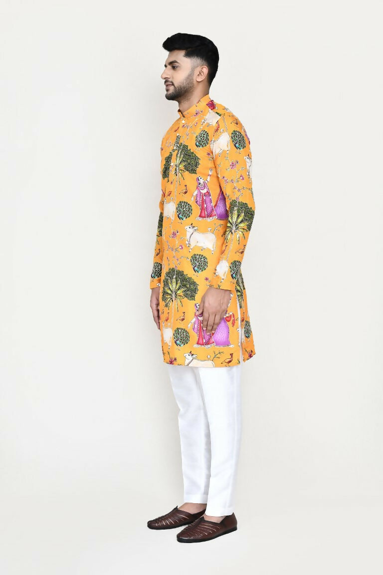 Joban Fashion White Colored Rayon Based With Modal Hand Print Work Fabric Kurta,Straight Fit Pant