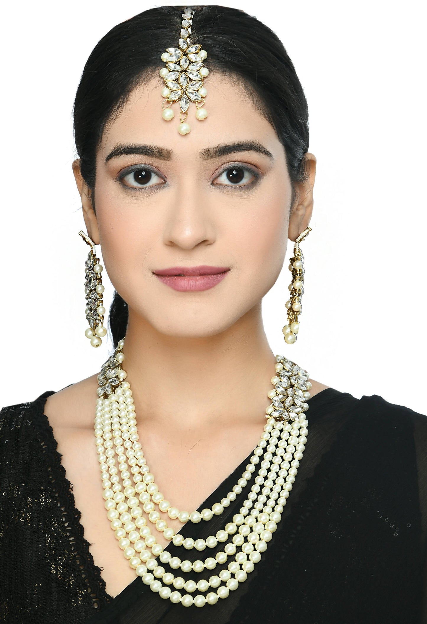 Mominos Fashion Johar Kamal Gold-Polished Rani Haar with White and Off white Pearls Jewellery Set
