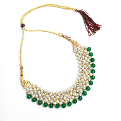 Mominos Fashion Johar Kamal Gold-Polished Rani Haar with Cream Green and Off white Pearls Jewellery Set