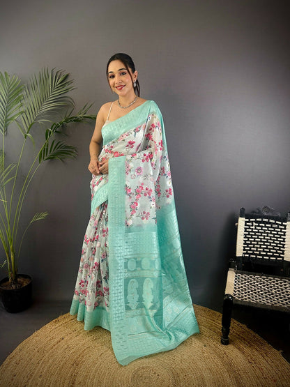 Joban Fashion Cyan Blue Floral Motifs Banarasi Silk Sarees