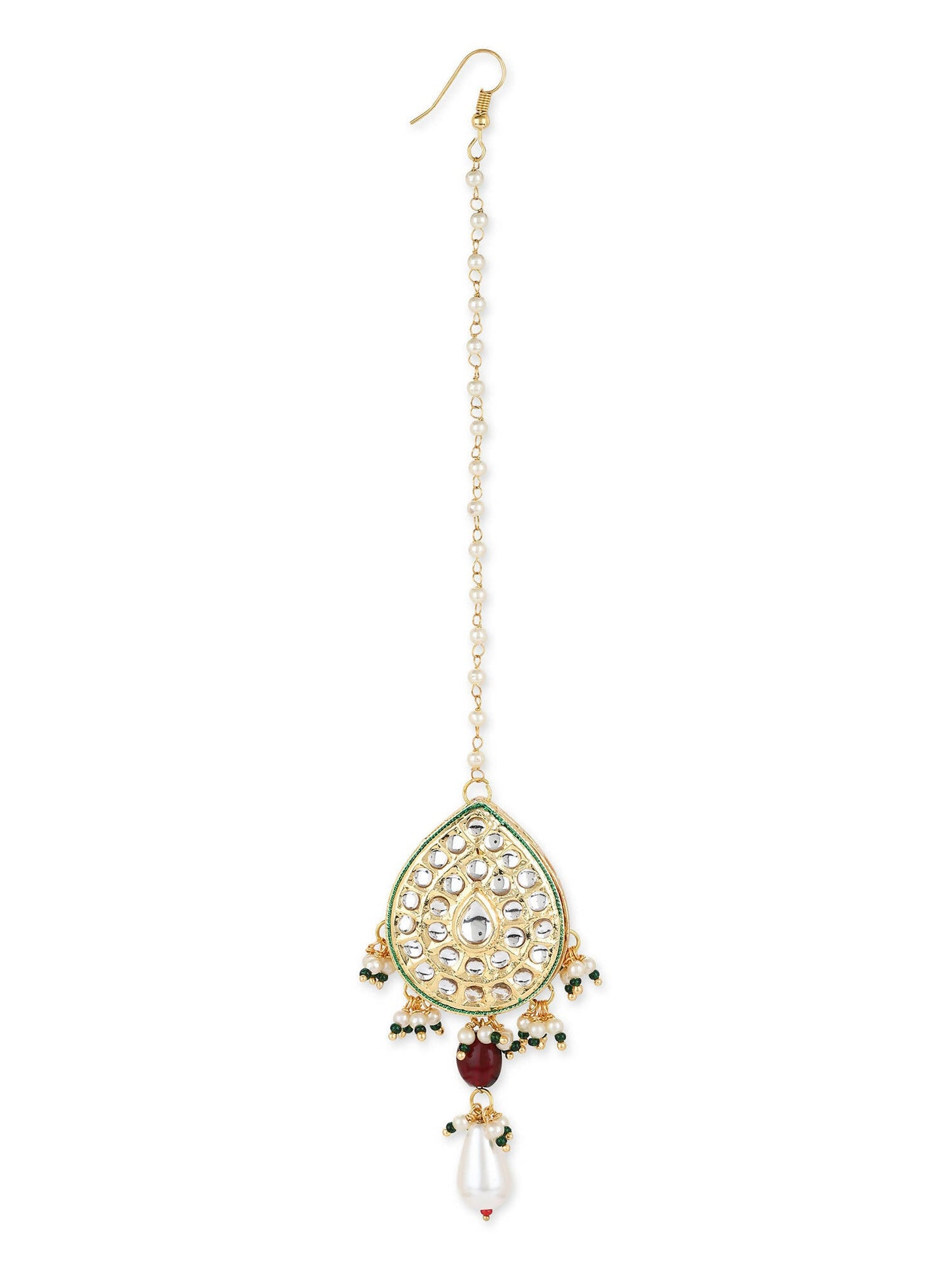 Gold-Polished White Green Kundan-Studded Pearl Beaded Maang Tikka - Ruby Raang