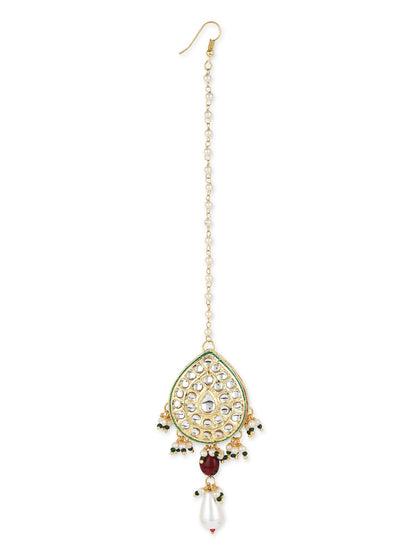 Gold-Polished White Green Kundan-Studded Pearl Beaded Maang Tikka - Ruby Raang